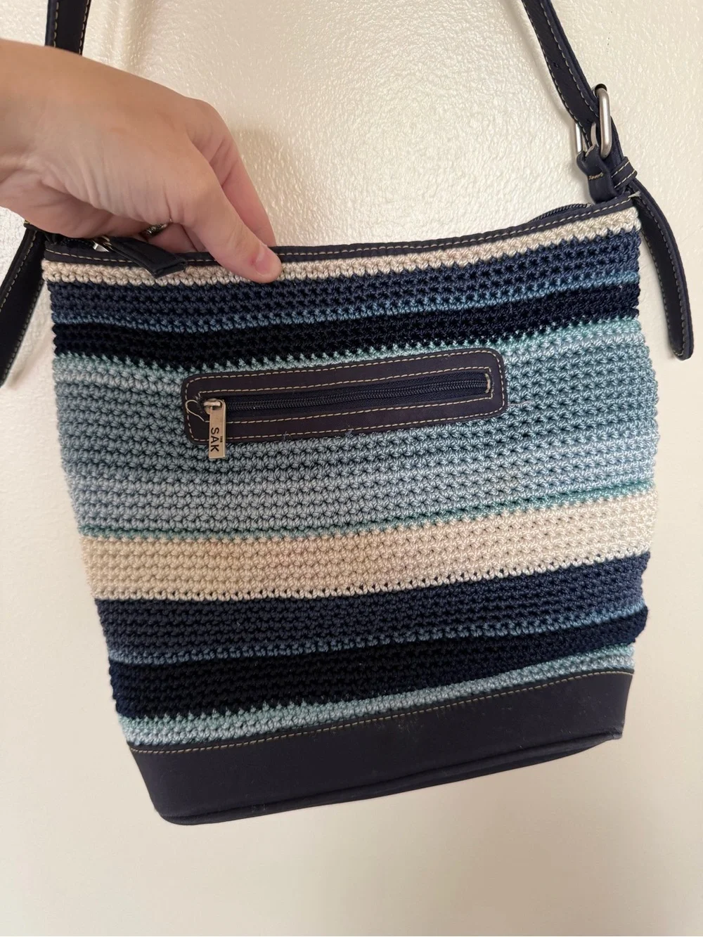 THE SAK Vintage Blue Stripe Crochet Knit Hobo Shoulder Bag